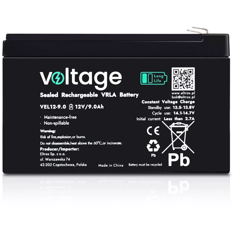 Batteria AGM Voltage Long Life 12V 9Ah VEL12-9.0 (durata di progetto 15 anni)