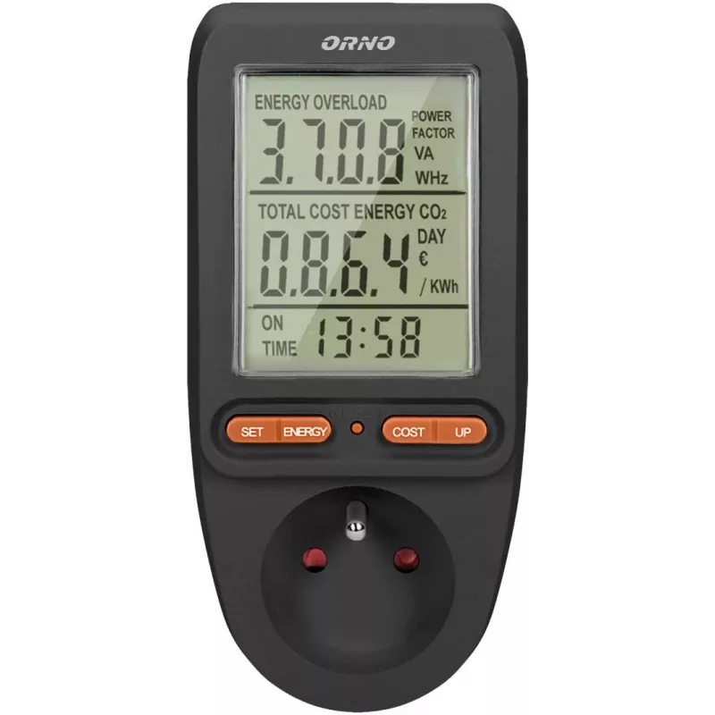 ORNO OR-WAT-435/B misuratore di costi energetici e consumi elettrici, 230V, 16A, display LCD, nero
