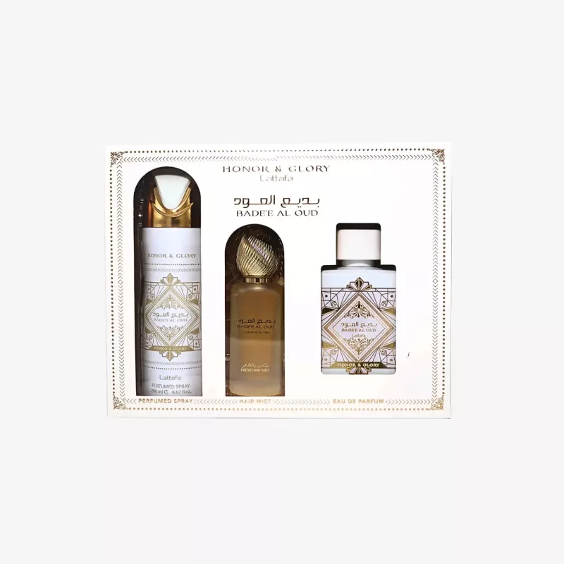 Lattafa Honor & Glory Badee Al Oud Eau de Parfum set regalo - 100ml EDP + 200ml spray corpo profumato + 300ml deodorante per ambienti
