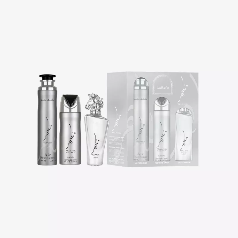 Lattafa Maahir Legacy set regalo, EDP spray 100 ml + spray profumato 200 ml + deodorante per ambienti 300 ml