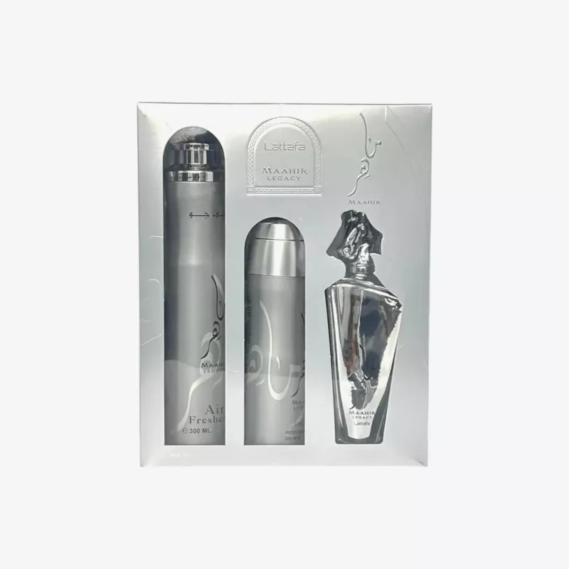 Lattafa Maahir Legacy set regalo, EDP spray 100 ml + spray profumato 200 ml + deodorante per ambienti 300 ml