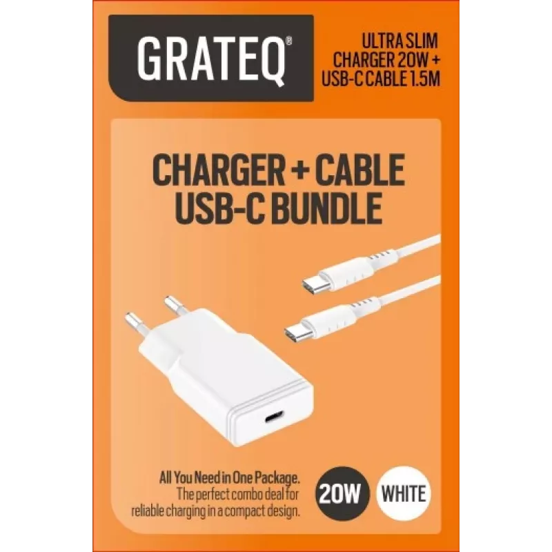 GRATEQ TAHKO 20W USB-C PD caricabatterie da parete bundle con cavo USB-C a Lightning 1,5m, bianco