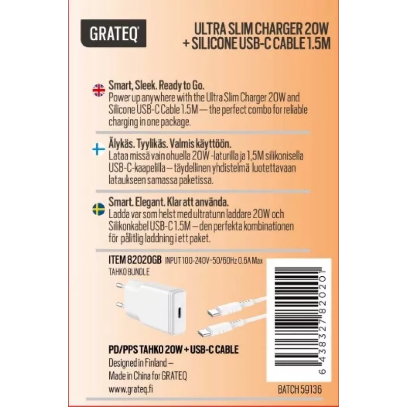 GRATEQ TAHKO 20W USB-C PD caricabatterie da parete bundle con cavo USB-C a Lightning 1,5m, bianco
