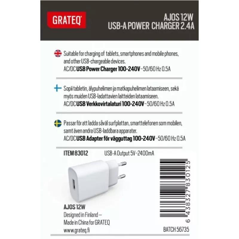 GRATEQ AJOS caricabatterie USB-A 12W bianco