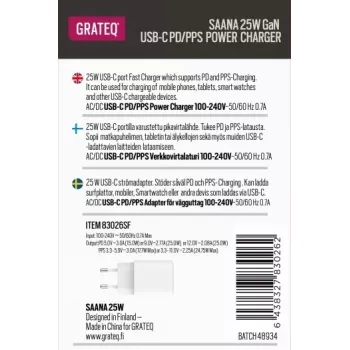 GRATEQ SAANA GaN USB-C 25W PD/PPS caricabatterie da parete bianco