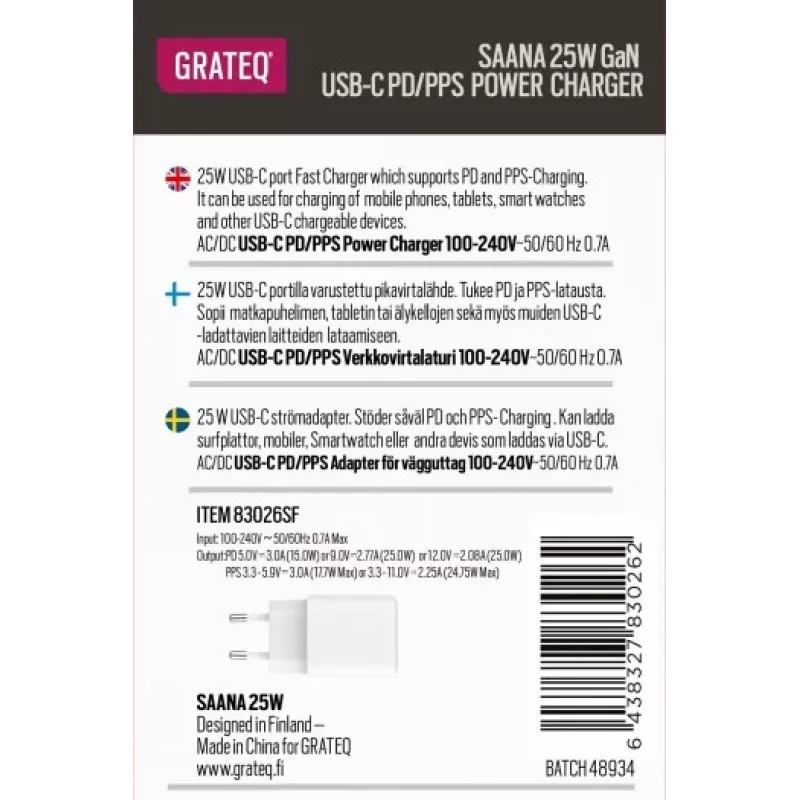 GRATEQ SAANA GaN USB-C 25W PD/PPS caricabatterie da parete bianco