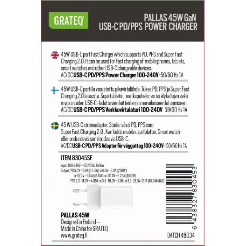 GRATEQ PALLAS GaN USB-C 45W alimentatore bianco
