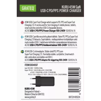 GRATEQ KURU GaN USB-C PD/PPS 45W caricabatterie da parete nero