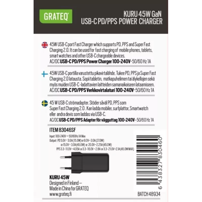 GRATEQ KURU GaN USB-C PD/PPS 45W caricabatterie da parete nero