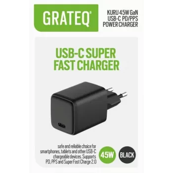 GRATEQ KURU GaN USB-C PD/PPS 45W caricabatterie da parete nero