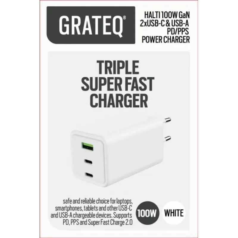 GRATEQ HALTI GaN PD/PPS 2xUSB-C/1xUSB-A 100W caricabatterie da parete nero
