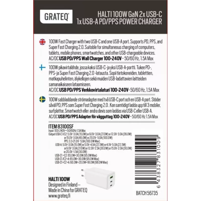 GRATEQ HALTI GaN PD/PPS 2xUSB-C/1xUSB-A 100W caricabatterie da parete nero