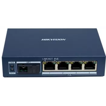 Hikvision DS-3D504TP-A Switch PoE industriale unmanaged, 4 porte PoE+, 1 uplink SFP, budget 60W
