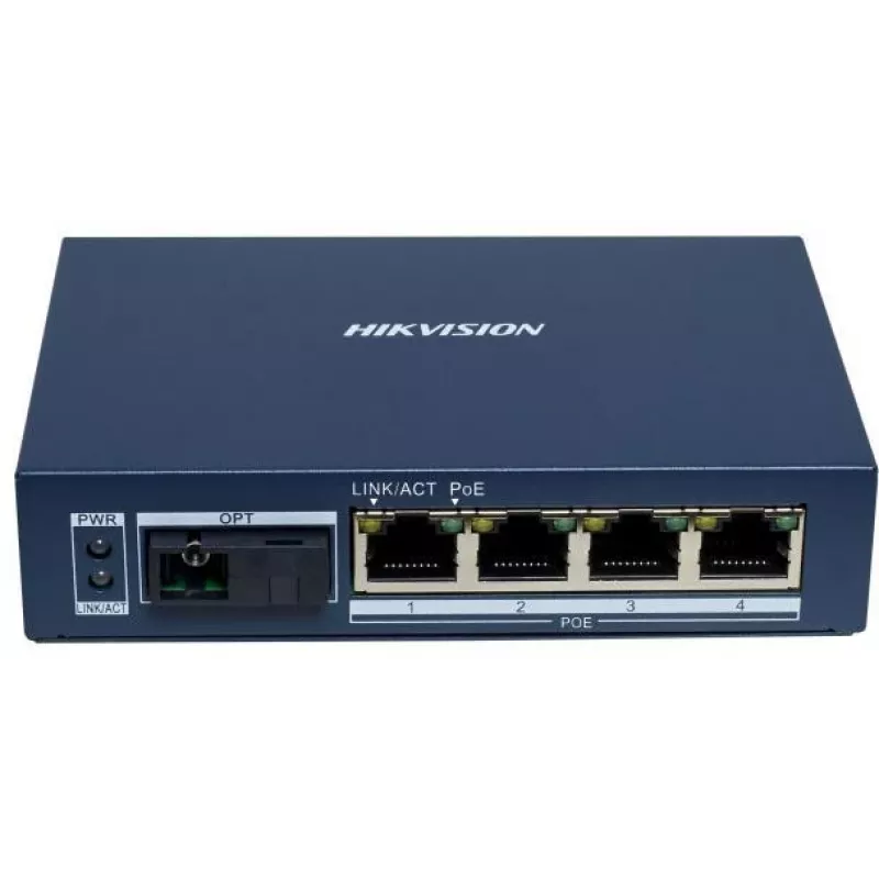 Hikvision DS-3D504TP-A Switch PoE industriale unmanaged, 4 porte PoE+, 1 uplink SFP, budget 60W