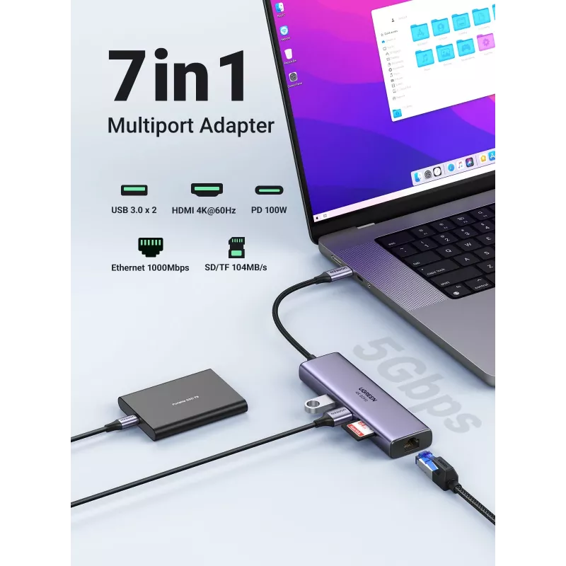 UGREEN 60515 hub USB-C 7 in 1, HDMI 4K 60Hz, Ethernet, 100 W PD, grigio