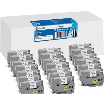 20x G&G nastro per etichette compatibile 18mm x 8m nero su bianco per Brother TZe-241 (21570)