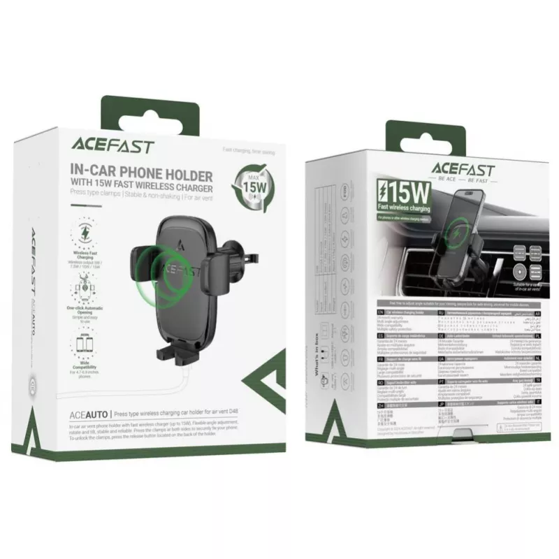 Acefast D48 supporto per bocchette auto con caricabatterie wireless nero