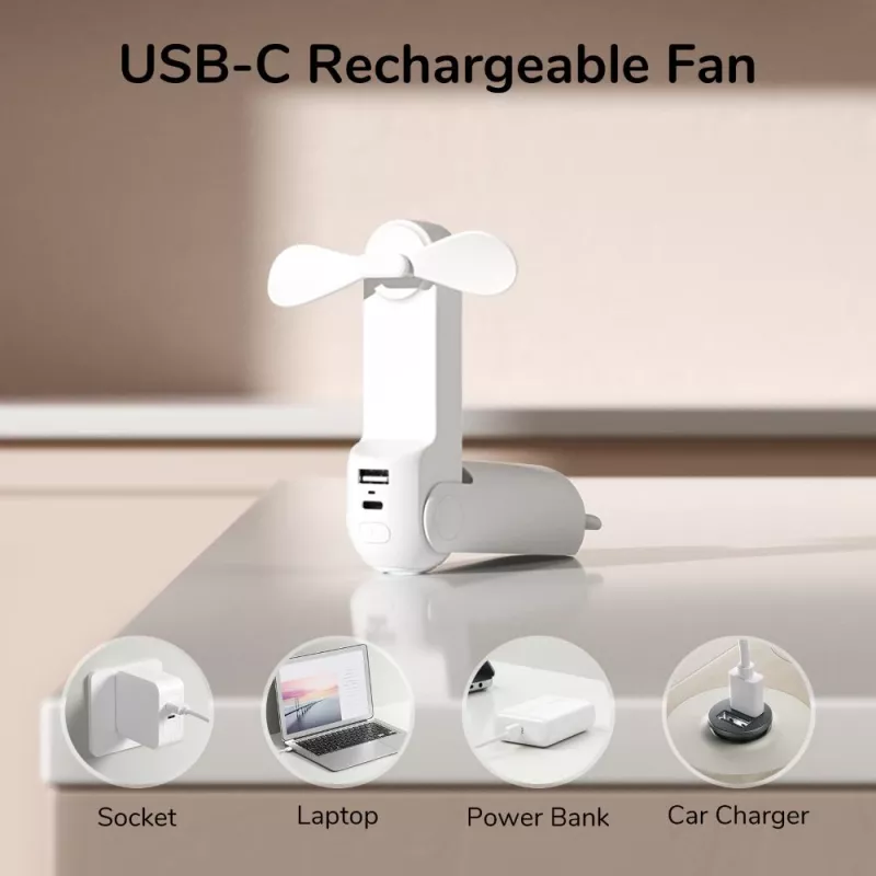 JISULIFE Ventilatore portatile 8 Bianco USB con power bank 2000mAh e torcia