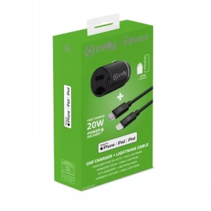 CELLY CCMINILIGHT – caricabatterie da auto USB-C + cavo USB-C a Lightning 20W [PRO POWER]