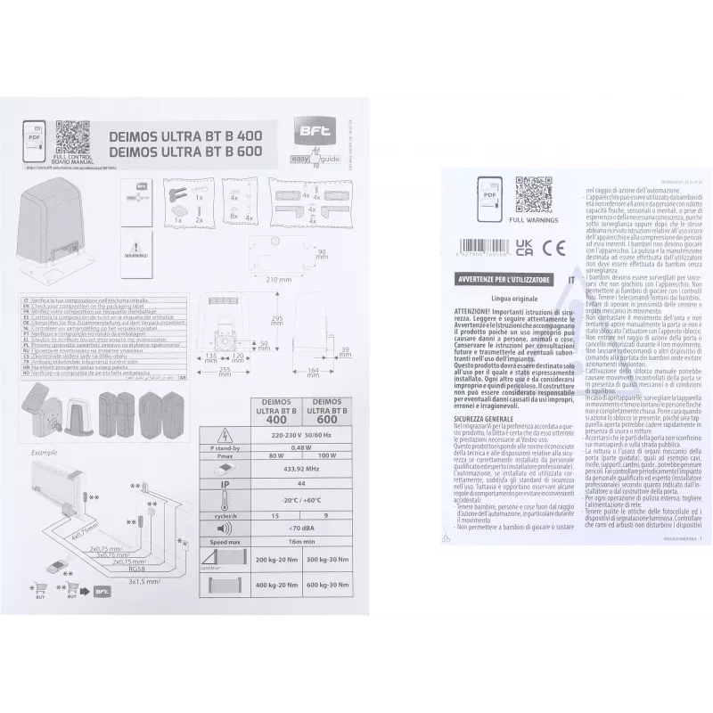 BFT DEIMOS ULTRA BT B400 EE KIT motoriduttore per cancelli scorrevoli per cancelli fino a 400 kg