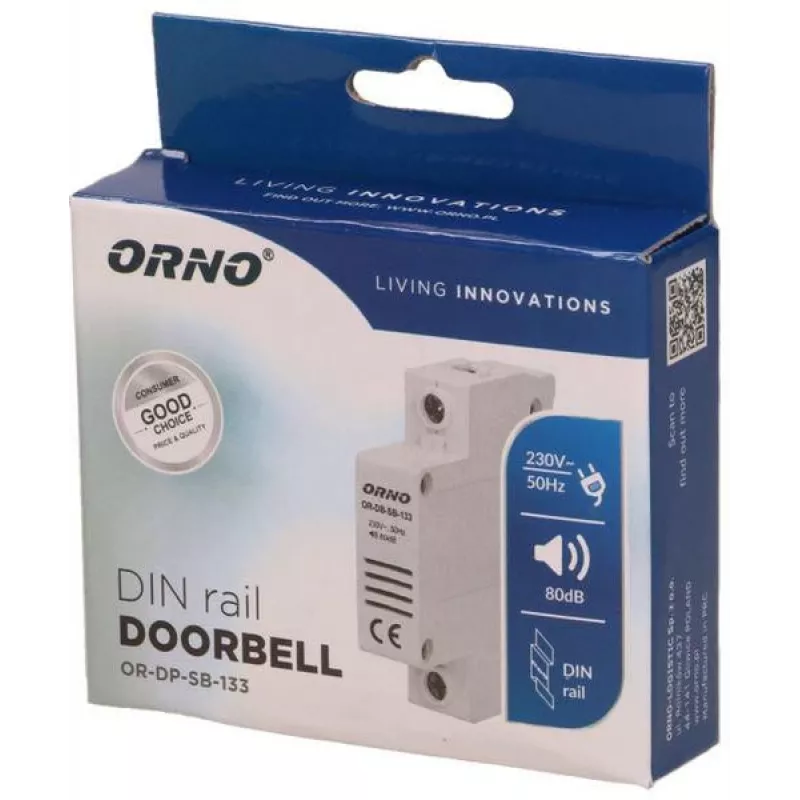 Campanello filare ORNO OR-DP-SB-133, guida DIN 1 modulo, 230V AC, 85 dB, bianco/grigio