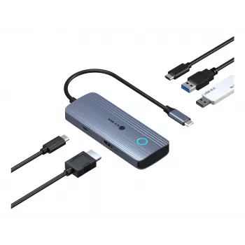 IcyBox IB-DK4081-SO Spade Dock 4081 docking station da viaggio 5-in-1 con funzione di ricarica off-screen, USB-C, HDMI 4K, Gigabit Ethernet, 2x USB-A, 100W PD, alluminio