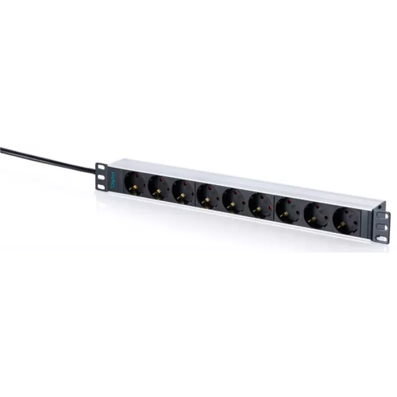 DIGITUS ciabatta 9 prese Schuko con profilo in alluminio, montaggio rack 1U, cavo 2m, 16A, 3680W, nero/argento