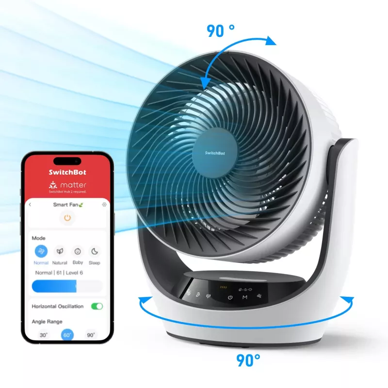 SwitchBot ventilatore intelligente a circolazione a batteria con 100 livelli di velocità, oscillazione orizzontale 90° e verticale 100°, Bluetooth e Wi-Fi (hub richiesto), bianco