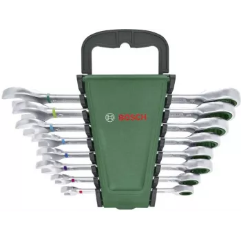 Bosch set di 8 chiavi a cricchetto combinato con cricchetto reversibile a 72 denti, cromo-vanadio, metrico 8-19 mm, valigetta verde/nera