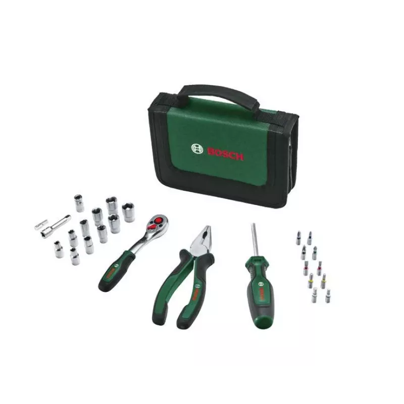 Bosch Starter set di utensili, 26 pezzi (verde/nero, con custodia in tessuto con zip)