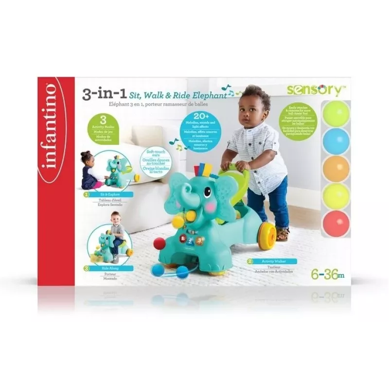 B-KIDS elefante 3-in-1 per sedersi, camminare e cavalcare di Infantino