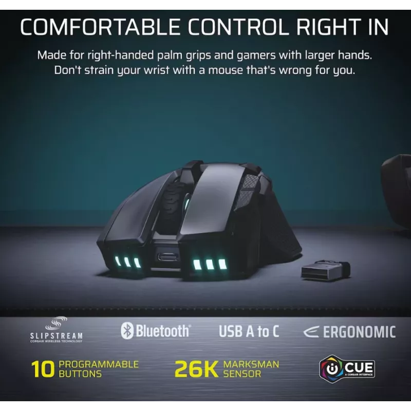 Mouse da gaming CORSAIR Ironclaw Wireless SE - 26.000 DPI, ottico, SLIPSTREAM Wireless, Bluetooth, USB, RGB, nero