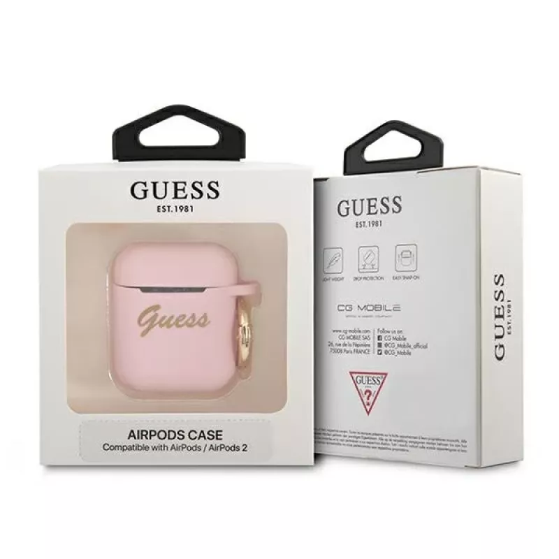 GUESS GUA2SSSI custodia per AirPods 1/2 rosa in silicone Vintage Script