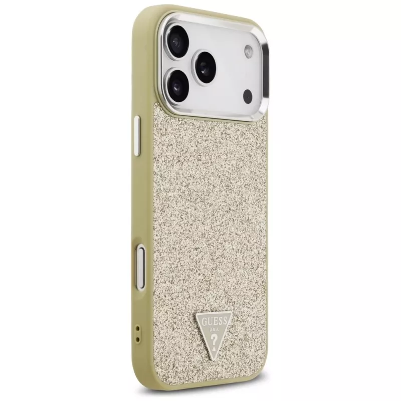 GUESS Glitter Triangle Logo custodia MagSafe per iPhone 17 Pro Max - oro