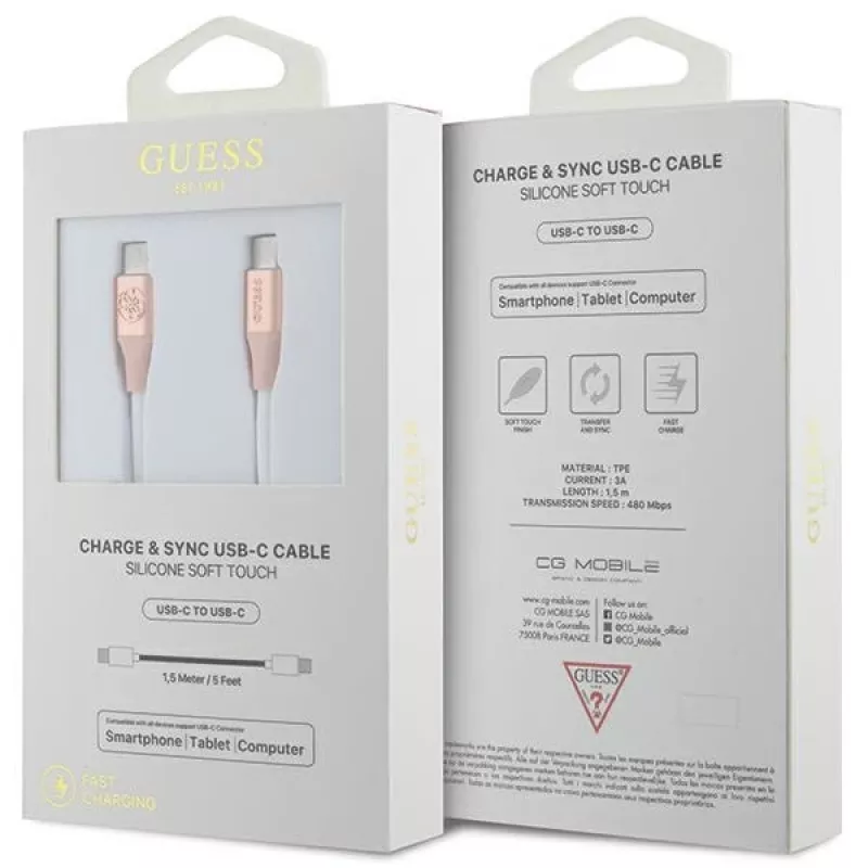 Cavo di ricarica rapida GUESS GUCCLALRGDP USB-C a USB-C 1,5 m rosa con logo in rilievo