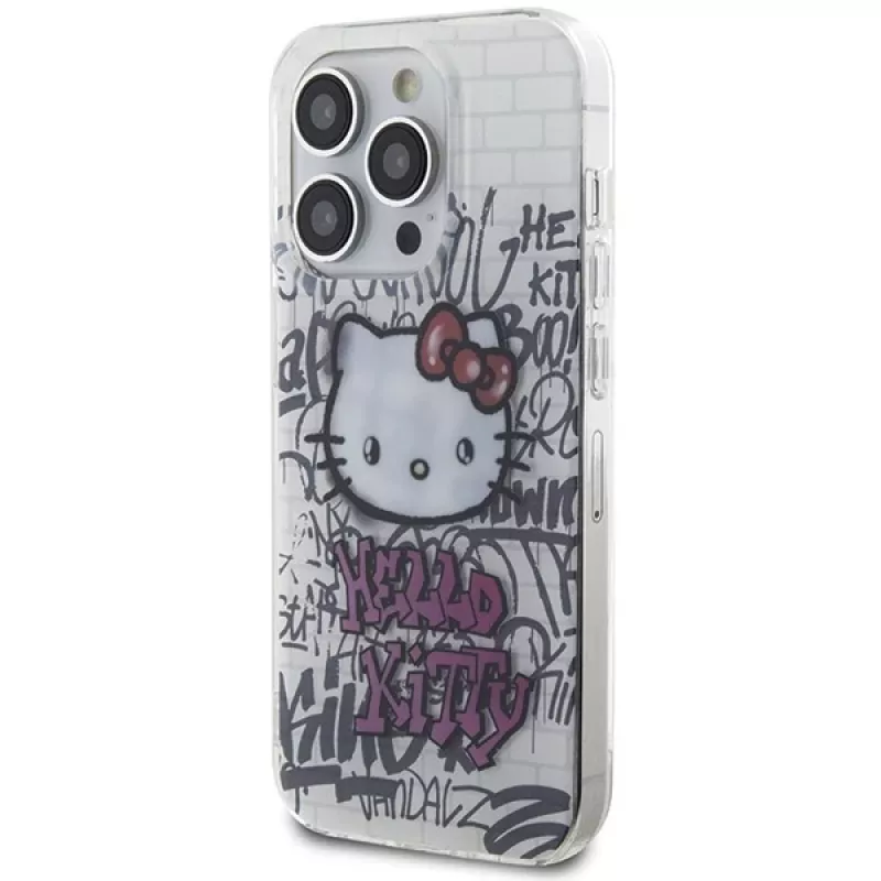 Custodia rigida Hello Kitty HKHCP14LHDGPHT IML Kitty On Bricks Graffiti per iPhone 14 Pro - bianca