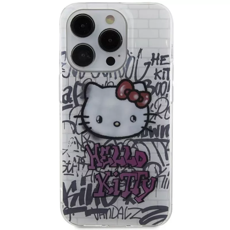 Custodia rigida Hello Kitty HKHCP14LHDGPHT IML Kitty On Bricks Graffiti per iPhone 14 Pro - bianca