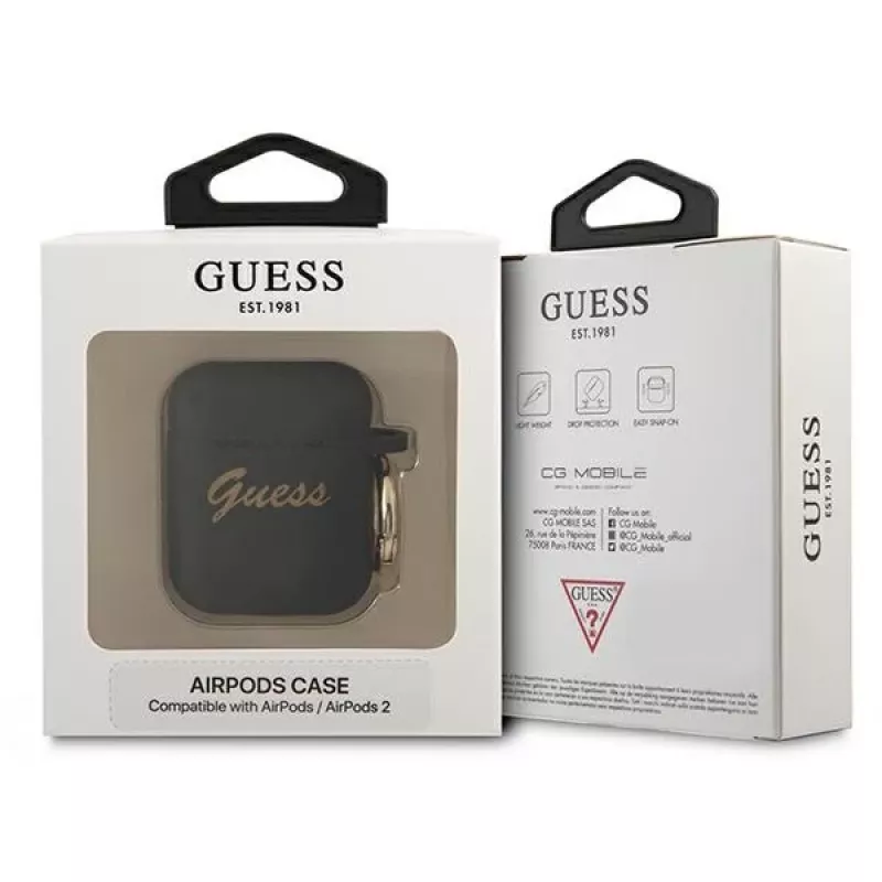 Custodia Guess GUA2SSSK per AirPods 1/2 nera in silicone Vintage Script