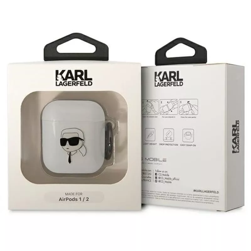 Custodia trasparente Karl Lagerfeld KLA2HNIKTCT per AirPods 1/2 con design Karl's Head