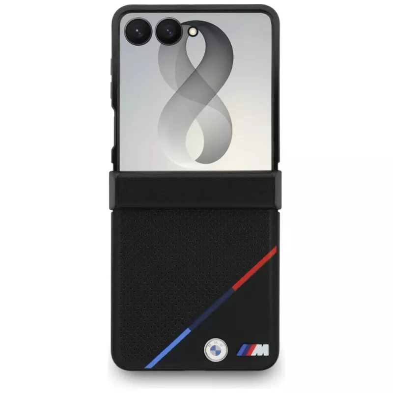 Custodia MagSafe BMW M in pelle con strisce tricolore perforate per Samsung Galaxy Z Flip8 - nero