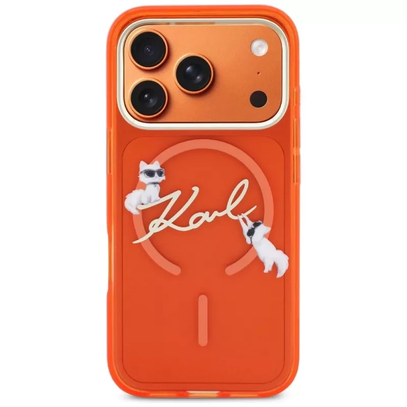 Custodia MagSafe Karl Lagerfeld IML Choupettes Karl Script Logo per iPhone 17 Pro Max, arancione