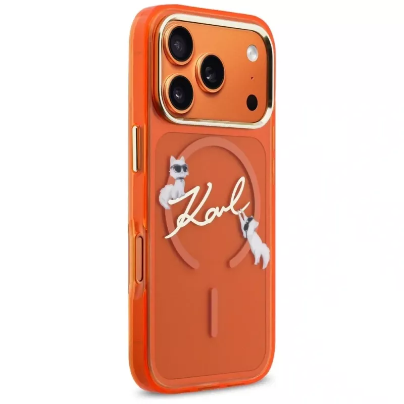 Custodia MagSafe Karl Lagerfeld IML Choupettes Karl Script Logo per iPhone 17 Pro Max, arancione