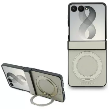 Custodia MagSafe Guess Magnetic Ring Stand Grained Classic Logo per Samsung Galaxy Z Flip 8, beige