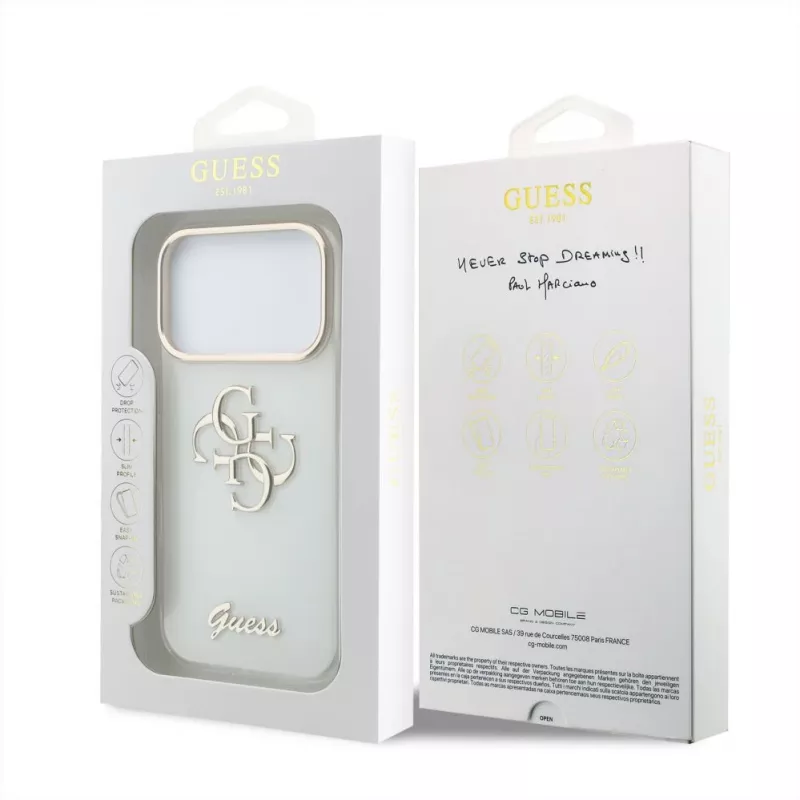 Custodia protettiva GUESS 4G Script Metal per iPhone 18 Pro Max / 17 Pro Max - bianco