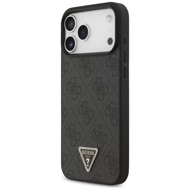 Custodia MagSafe GUESS in pelle 4G Triangle Strass per iPhone 18 Pro Max / 17 Pro Max - nero