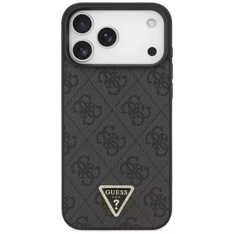 Custodia MagSafe GUESS in pelle 4G Triangle Strass per iPhone 18 Pro Max / 17 Pro Max - nero
