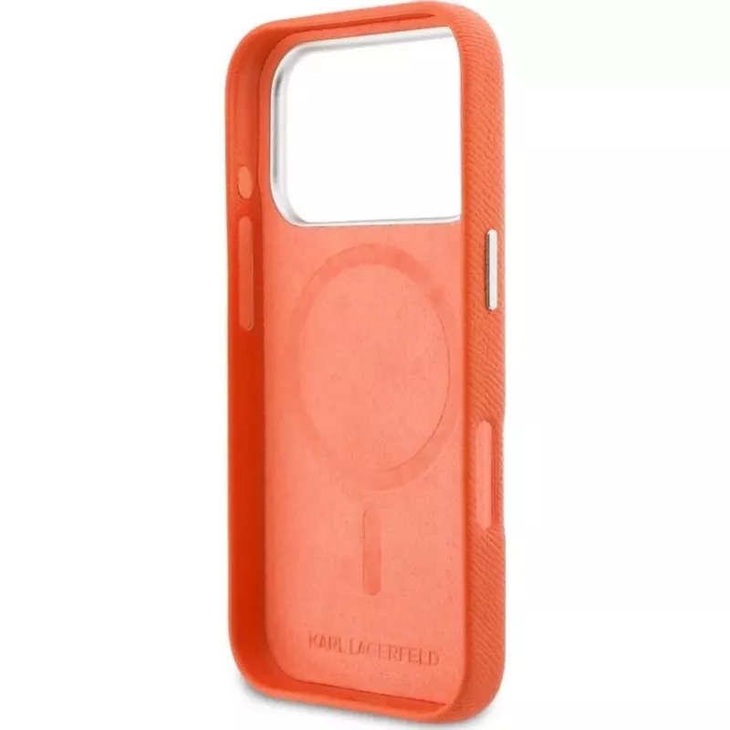 Custodia MagSafe Karl Lagerfeld Karl & Choupette Head Pins Saffiano per iPhone 17 Pro Max - arancione