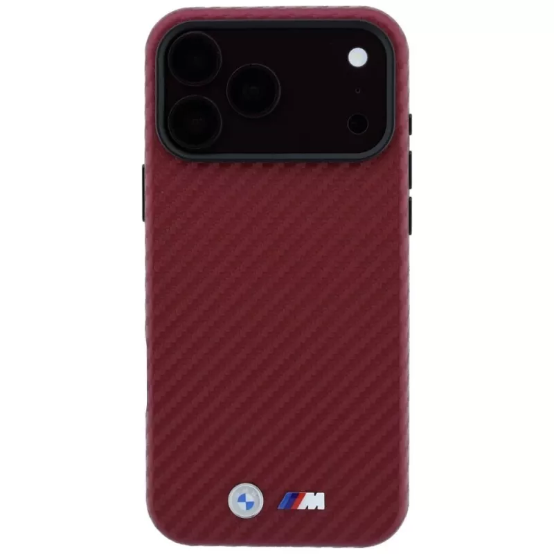 Custodia MagSafe BMW M Carbon Metal Logo per iPhone 18 Pro Max / 17 Pro Max - bordeaux