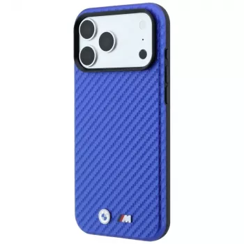 Custodia MagSafe BMW M Carbon Metal Logo per iPhone 18 Pro / 17 Pro - blu
