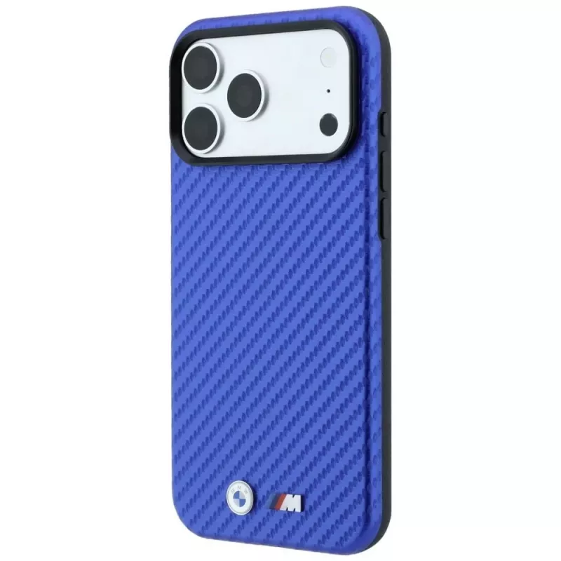 Custodia MagSafe BMW M Carbon Metal Logo per iPhone 18 Pro / 17 Pro - blu